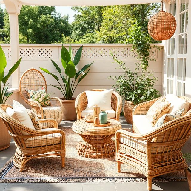 10 Outdoor Boho Patio Ideas for a Cozy Backyard Retreat (2025) 5 Outdoor Boho seating area with rattan furniture and soft linen cushions.