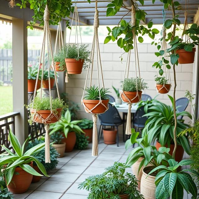 10 Outdoor Boho Patio Ideas for a Cozy Backyard Retreat (2025) 4 Outdoor patio surrounded by plants, hanging macramé planters, and terracotta pots.