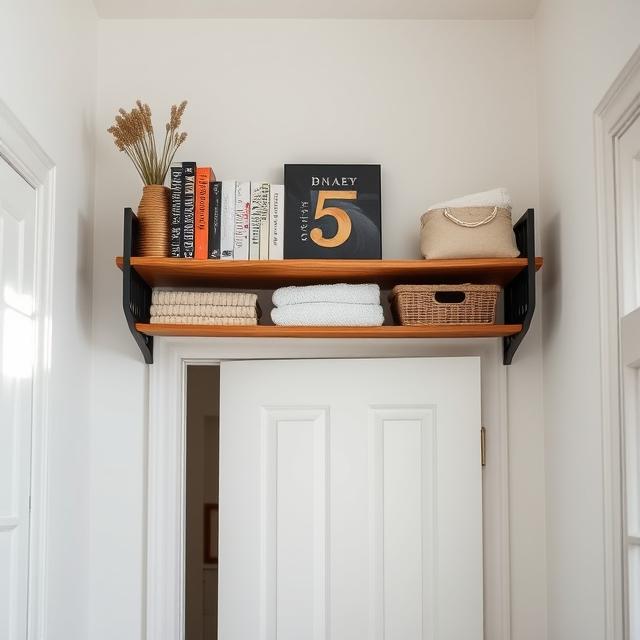 Over-door shelf storing books and decorative items