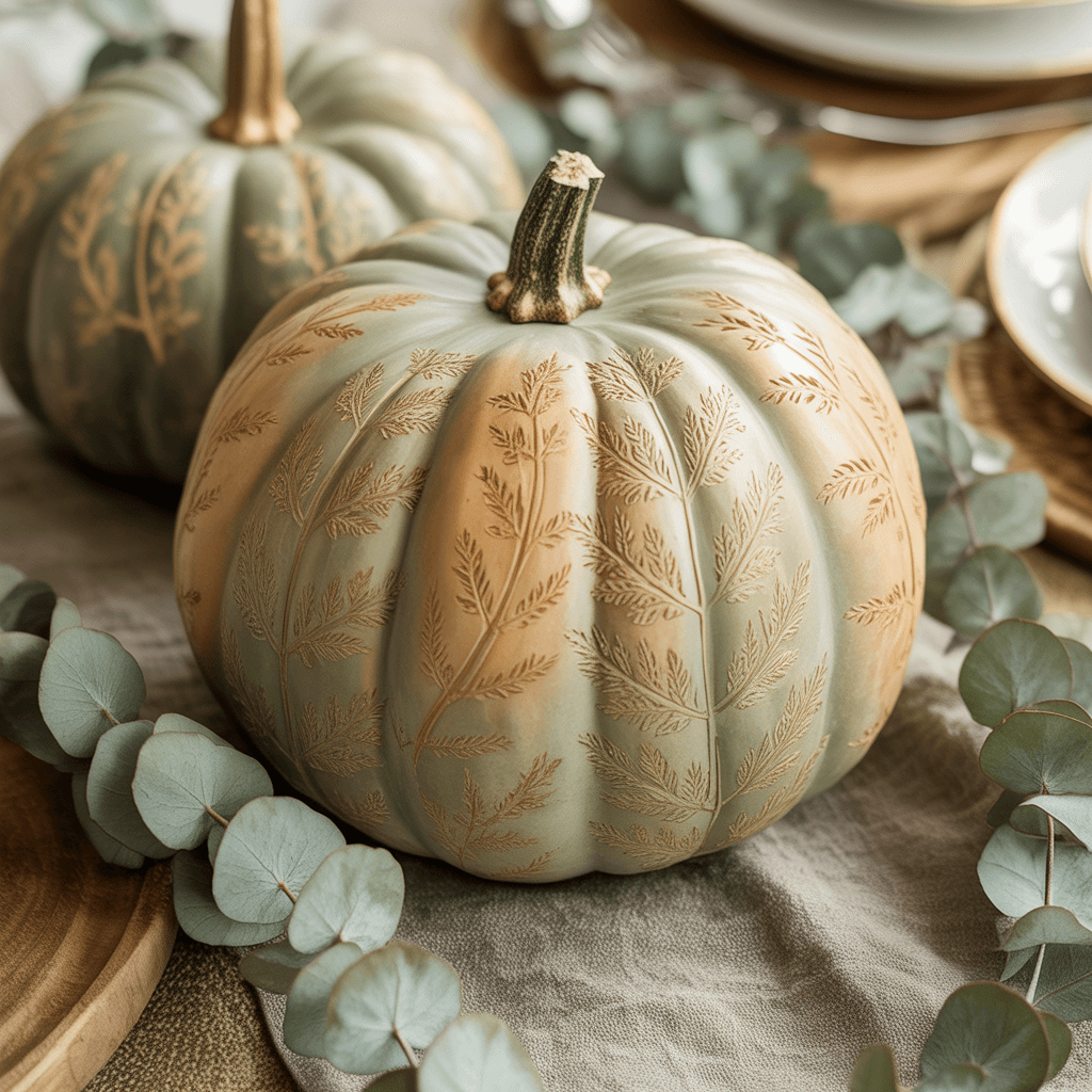 Pale pumpkin with stamped leaf motifs arranged on linen runner.