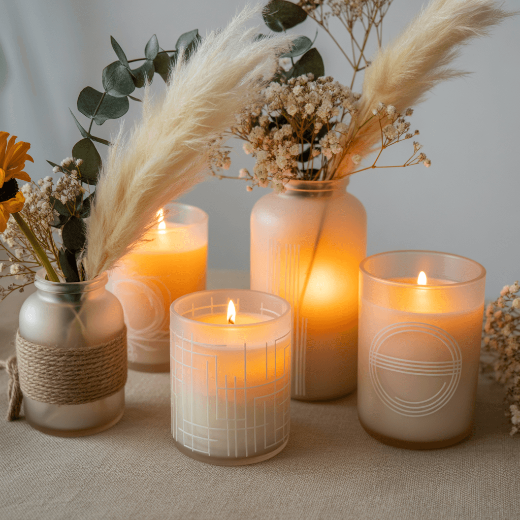 Pampas grass and dried flower candle jar glowing softly.