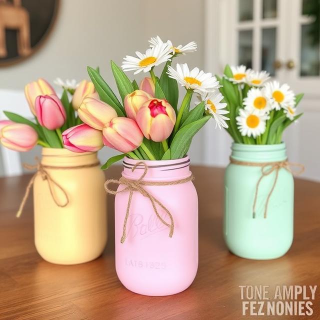 Pastel-painted mason jars tied with twine, filled with tulips or daisies