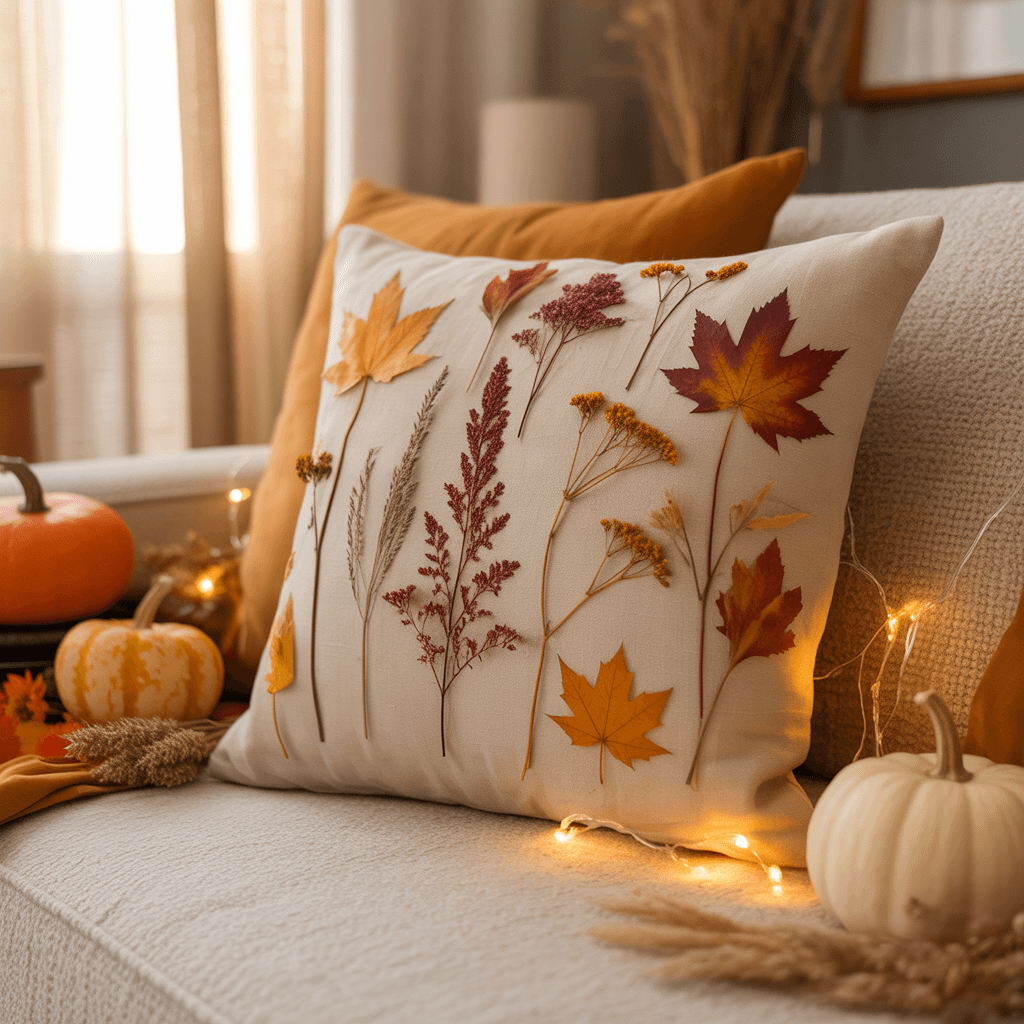 Patchwork pillow with mixed autumn fabrics in earthy colors.