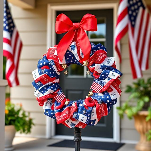Patriotic Fourth of July wreath DIY with red, white, and blue bandanas