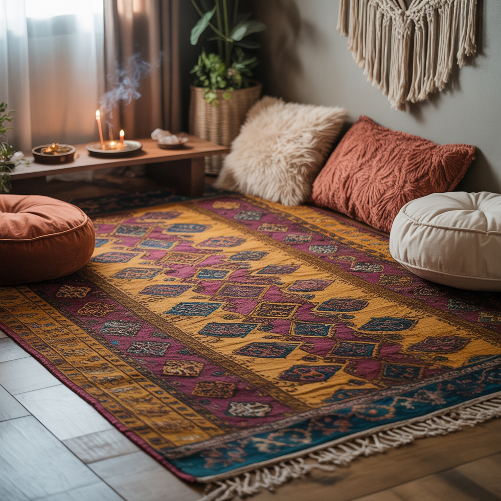 Boho Meditation Corner: 10 Brilliant Ideas 10 Patterned Moroccan rug in a Boho Meditation Corner at home.