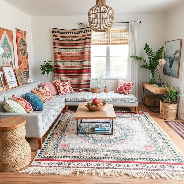 20 Modern Boho Home Décor Ideas for a Stylish 2025 Makeover 9 Patterned boho textiles and rugs in neutral modern boho interior.