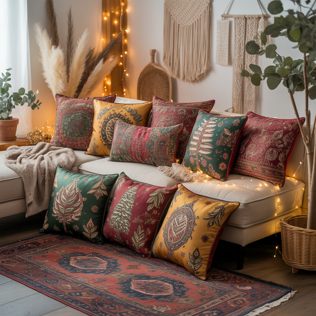 10 Stunning Boho Christmas Décor Ideas for a Whimsical Holiday Look 10 Patterned holiday pillows in a Boho Christmas Décor Ideas living room.