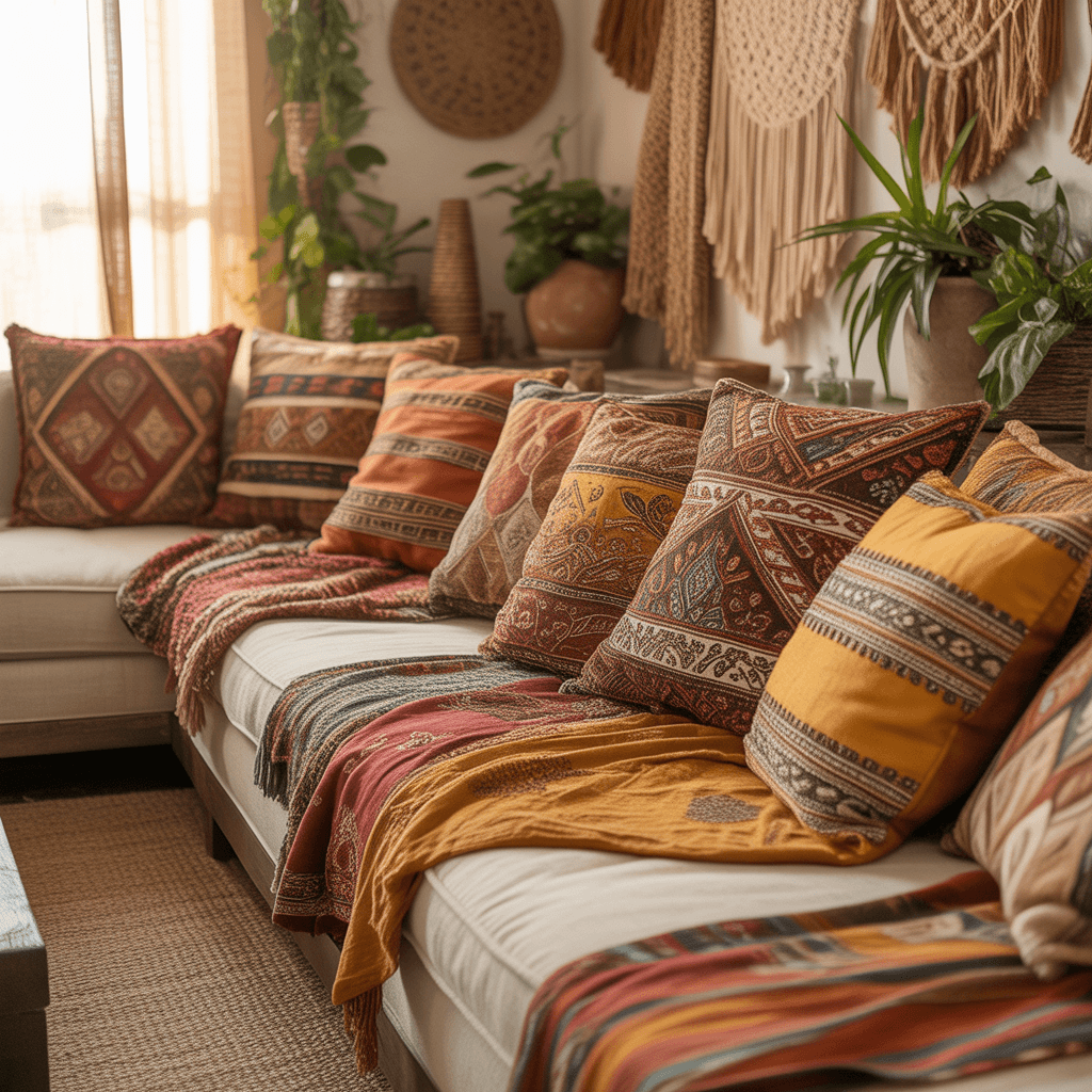 Patterned pillows in a Boho Aesthetic Room Décor living space.