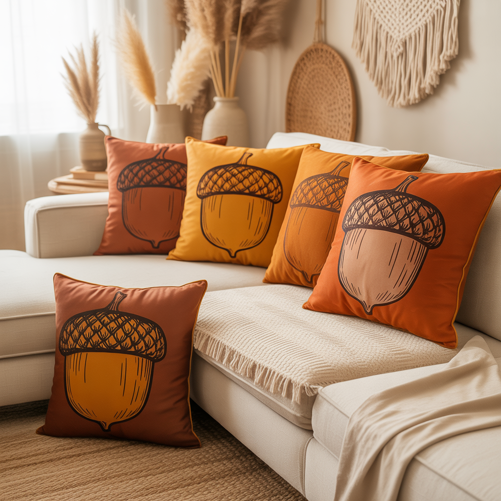 10 Cozy Boho Fall Home Décor Ideas with Free Wall Art Printables 10 Patterned pillows with acorn printables in a Boho Fall Home Décor living space.