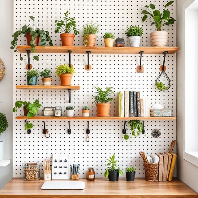 Pegboard wall with adjustable shelves and hanging storage