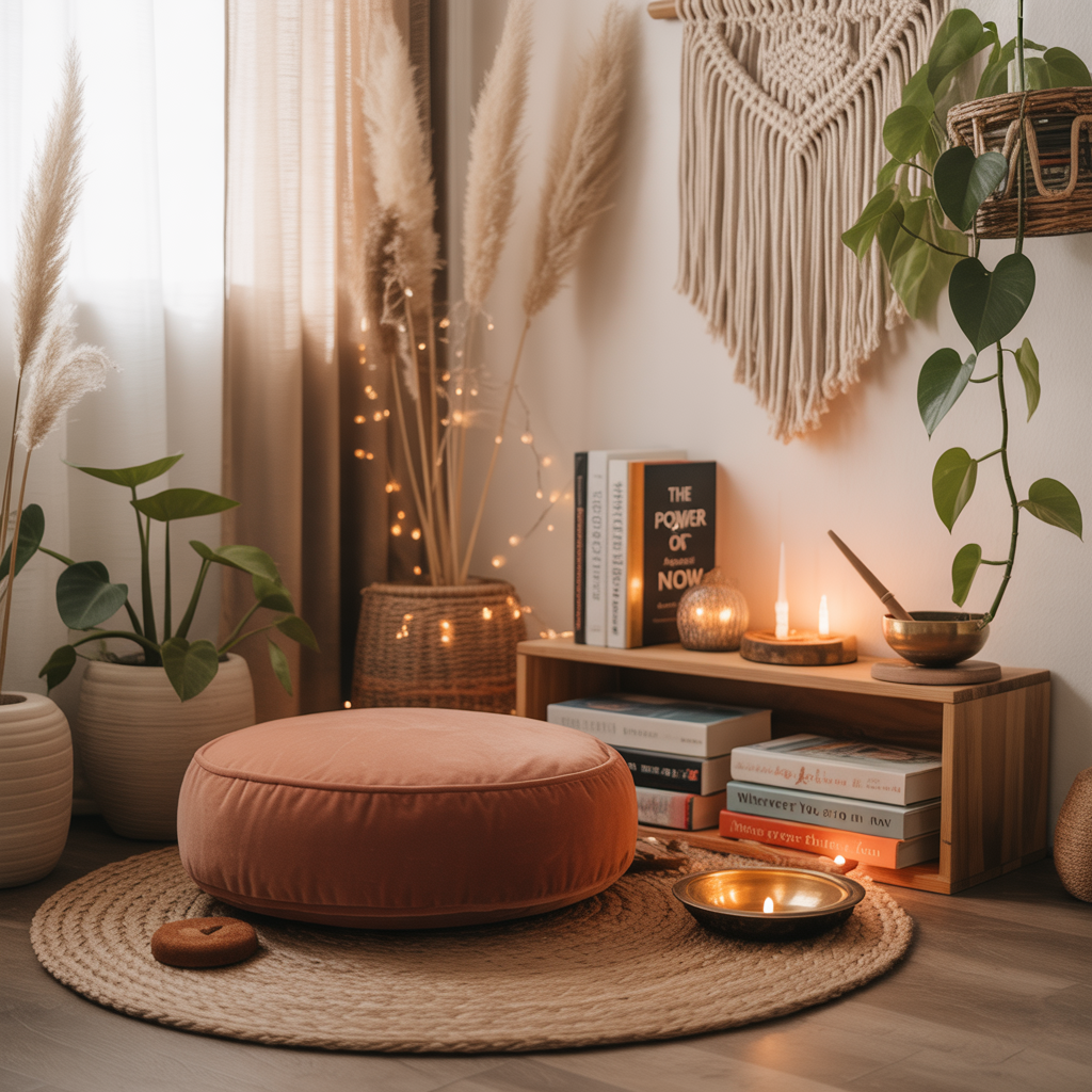 10 Beautiful Boho Meditation Corner Ideas You Can Create at Home 12 Personalized Boho Meditation Corner with books and art accents.
