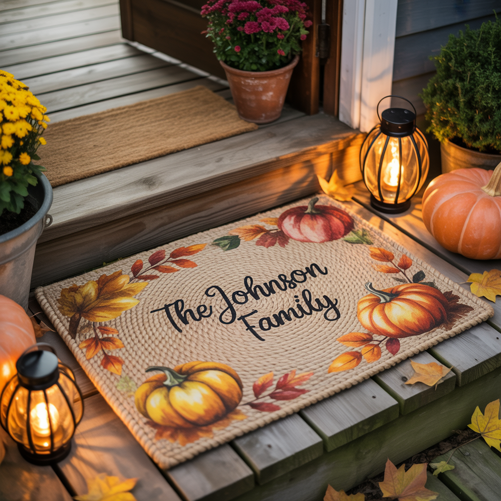 10 Cozy DIY Halloween Boho Door Mats for a Welcoming Entry 12 Personalized boho Halloween doormat with family name.