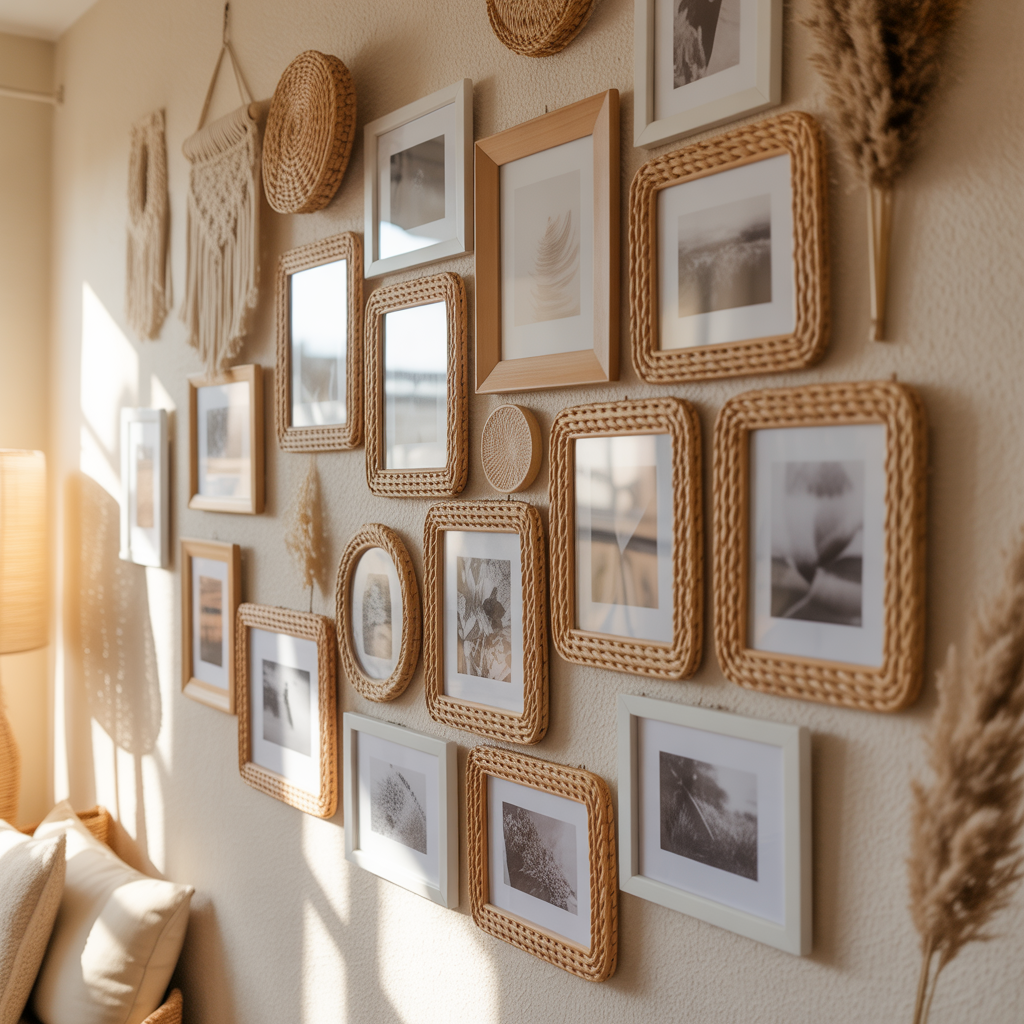 10 Eye-Catching DIY Boho Wall Art Ideas to Add Personality to Your Space 6 Photo gallery wall with rattan frames in a DIY Boho Wall Art Ideas setup.