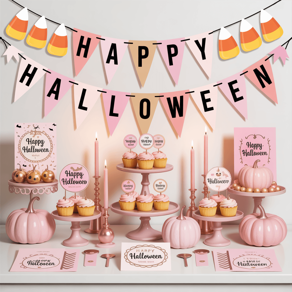 Pink Halloween Printables with candy corn banner on a dessert table.
