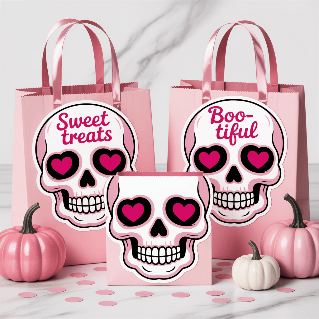 Pink Halloween Printables with heart-eyed skull labels on gift bags.