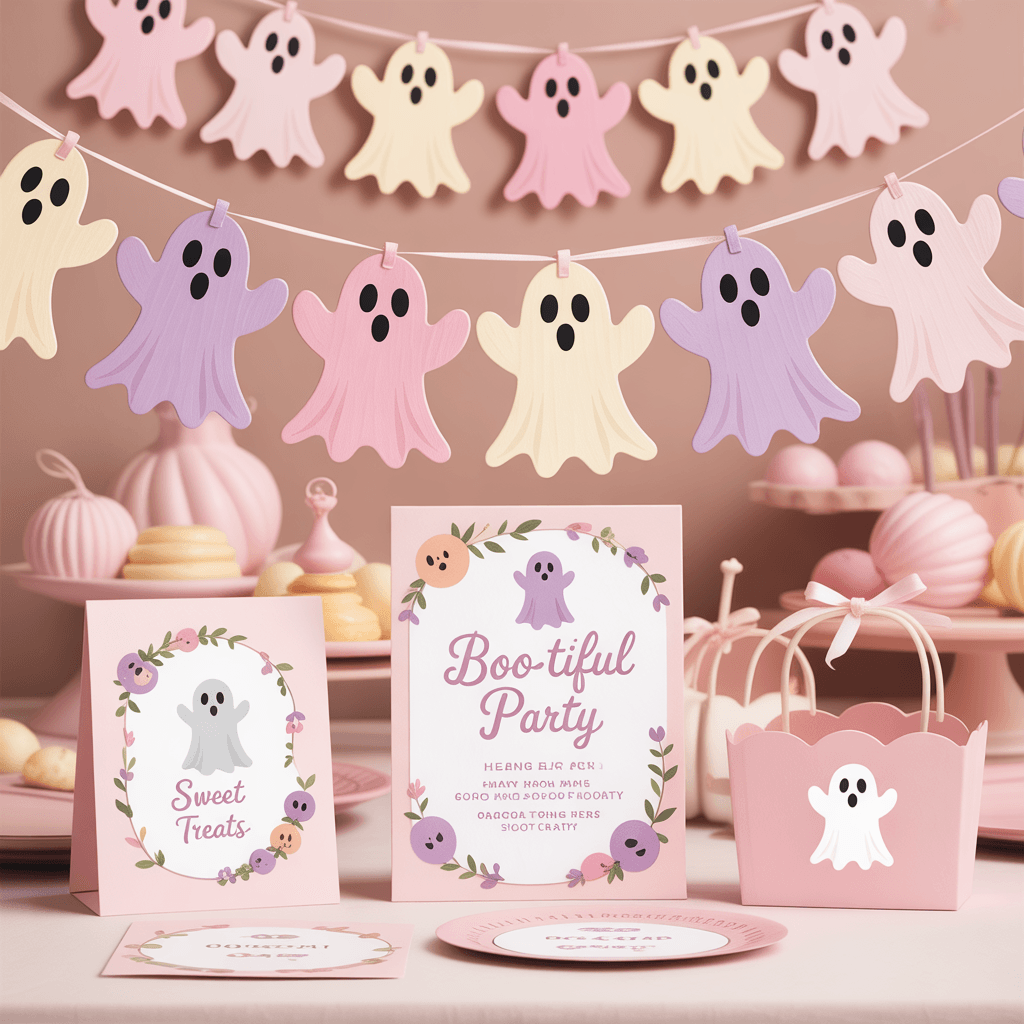 Pink Halloween Printables with pastel ghost garland at a party.