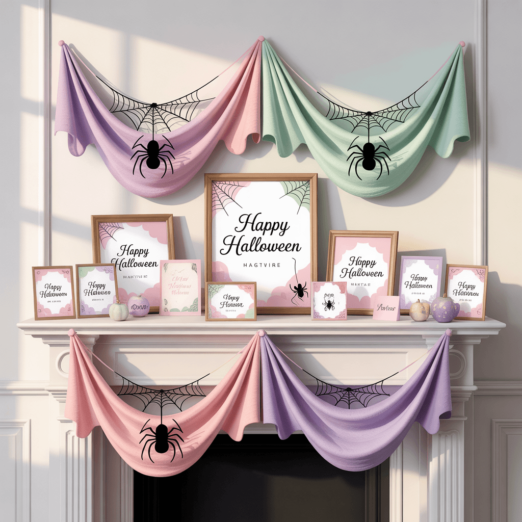 Pink Halloween Printables with pastel spider web banner on a mantel.