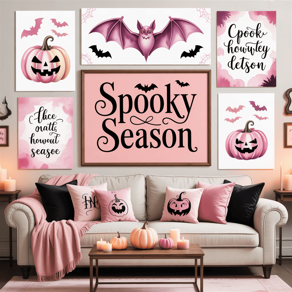 Pink Halloween Printables with pink bat sign in a living room.
