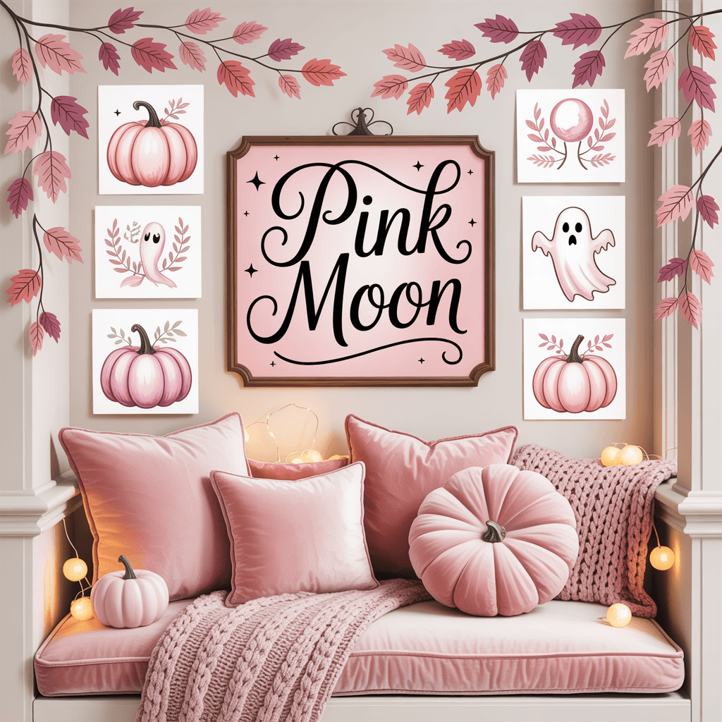  Pink Halloween Printables with pink moon sign in a cozy nook.