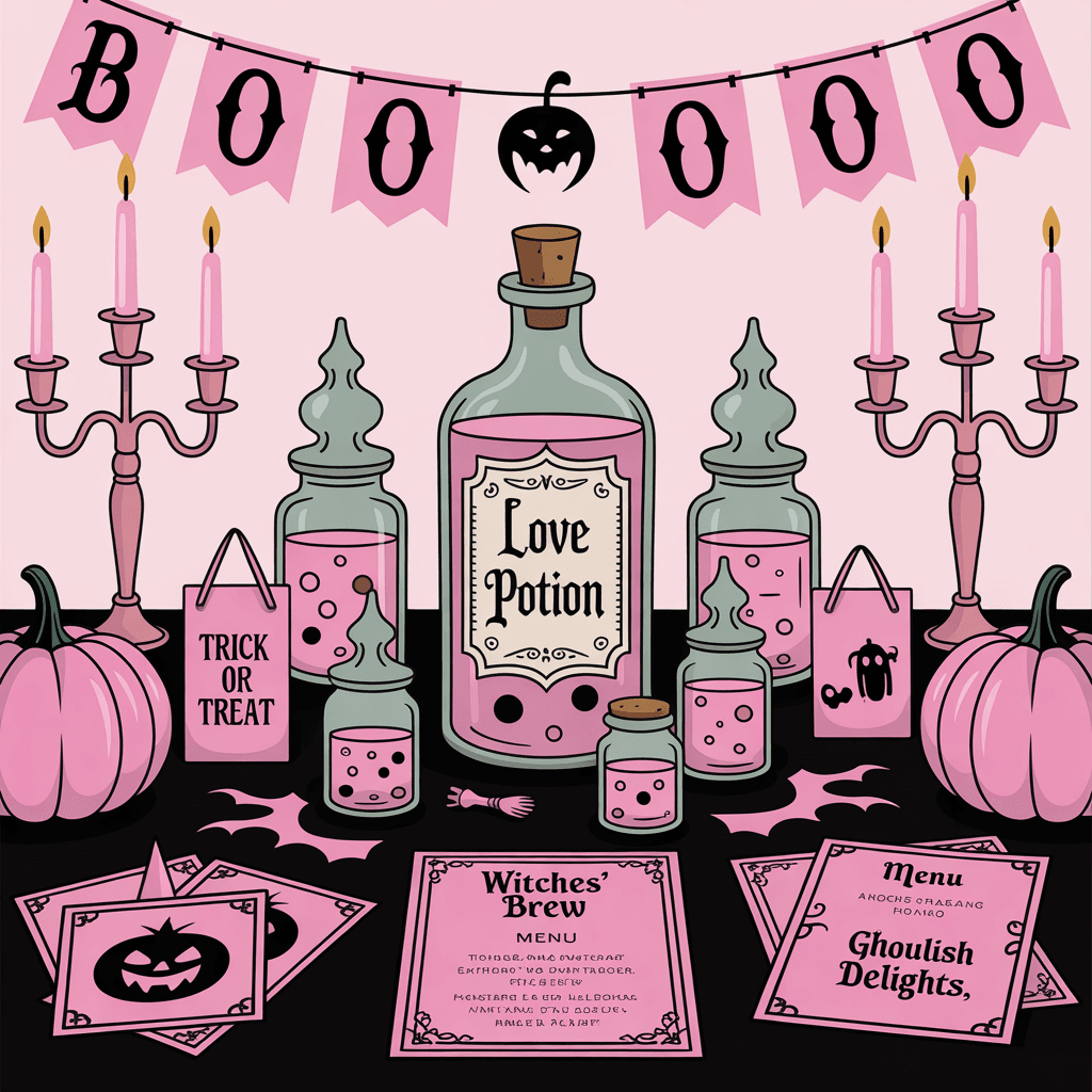 Pink Halloween Printables with pink potion sign on a party table.