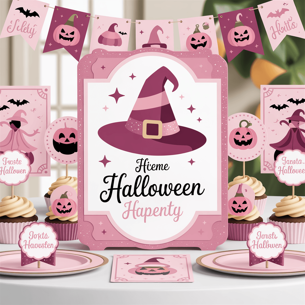 Pink Halloween Printables with pink witch hat sign at a party.