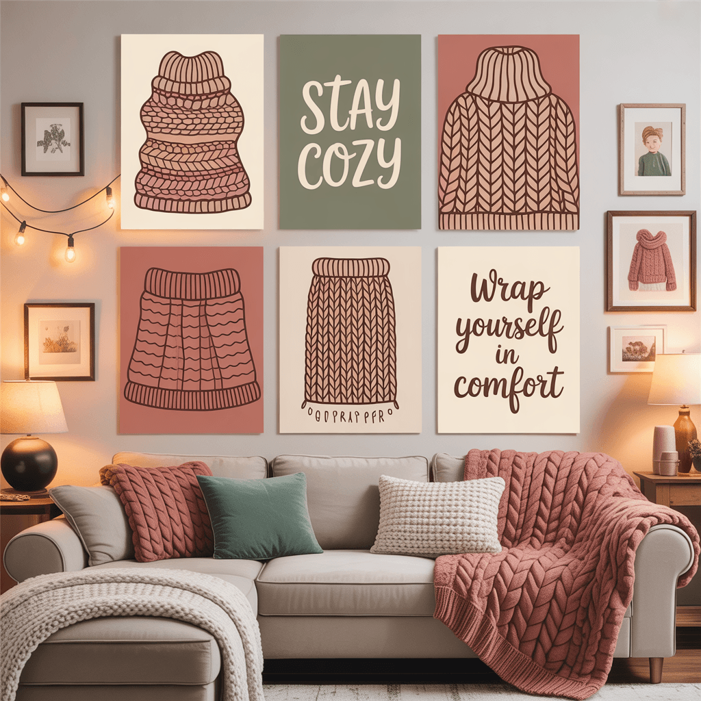 Posters with cozy blanket design in a living room.