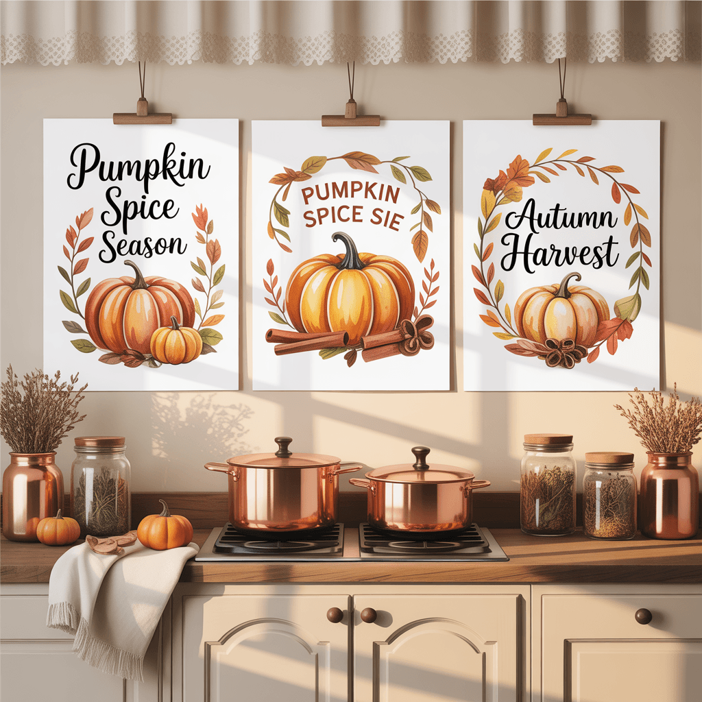 Posters with pumpkin spice design in a cozy kitchen.