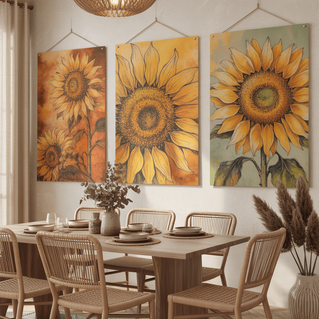 Posters with sunflower design in a boho dining area.