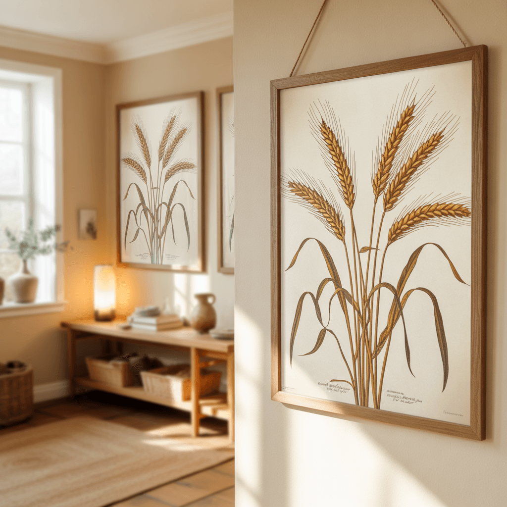 Posters with wheat stalk design in a cozy entryway.