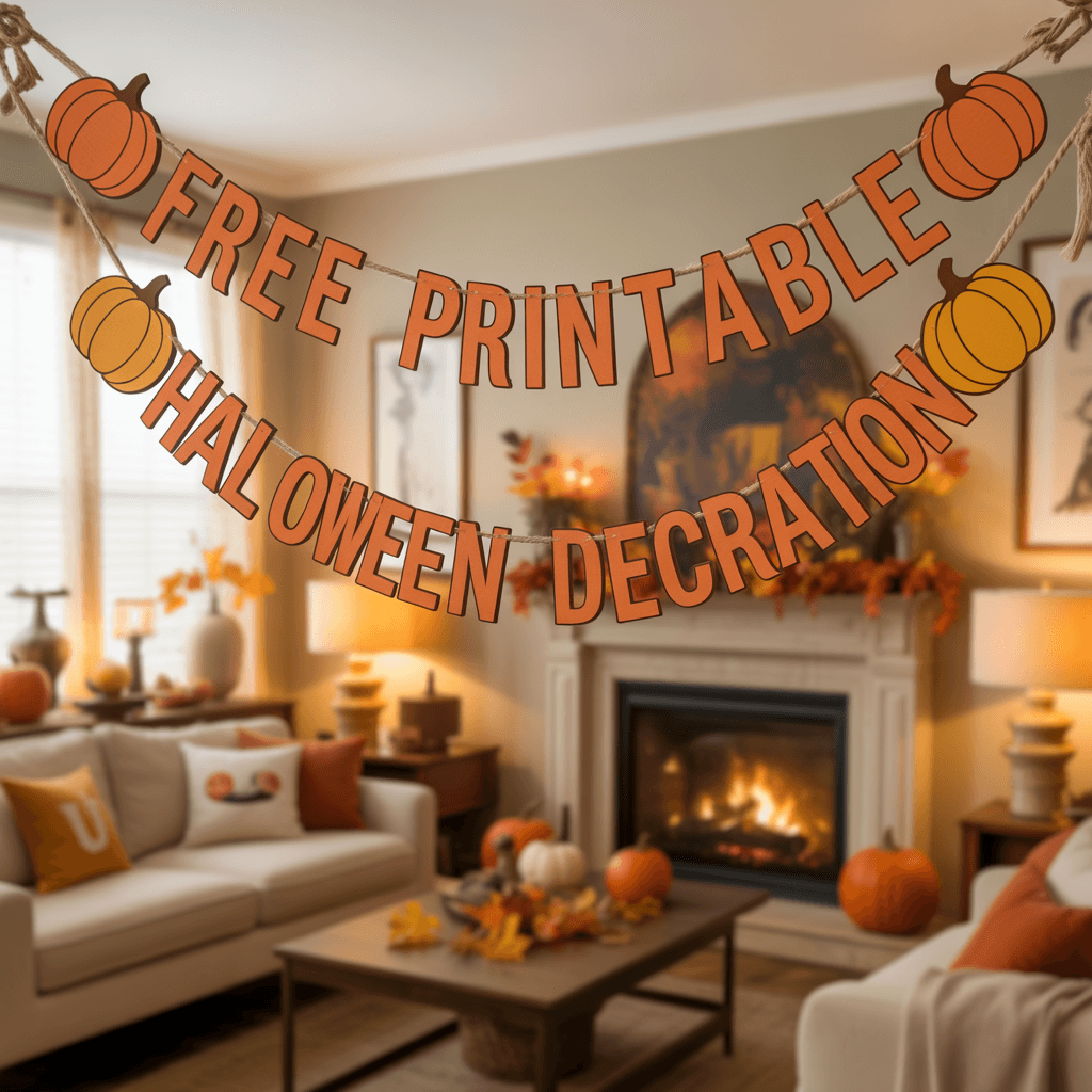  Pumpkin garland from Free Printable Halloween Decorations hanging in a cozy living room.