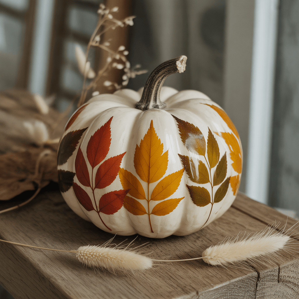  Pumpkin with clear resin leaf overlay, glossy finish, and autumn tones.