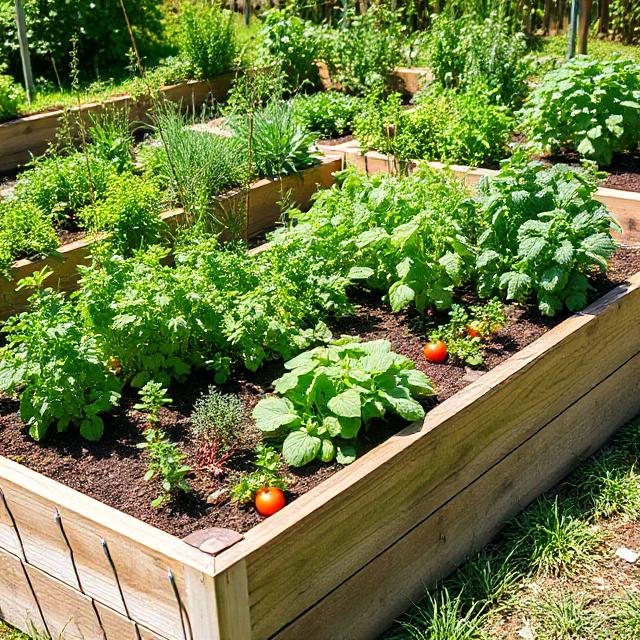 Raised bed garden with herbs and vegetables