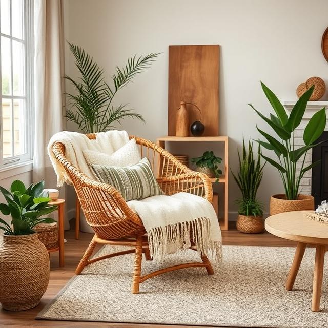 Rattan accent chair with throw blanket and pillows in a modern boho living room, plants and wood accents