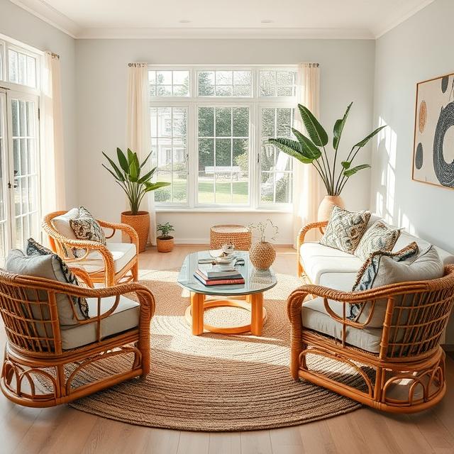 20 Modern Boho Home Décor Ideas for a Stylish 2025 Makeover 10 Rattan furniture in light-filled modern boho living room with jute rug.