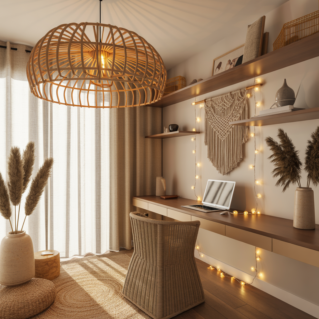 10 Modern Boho Home Office Ideas for a Creative Workspace 7 Rattan pendant and string lights in a Modern Boho Home Office Ideas setup.