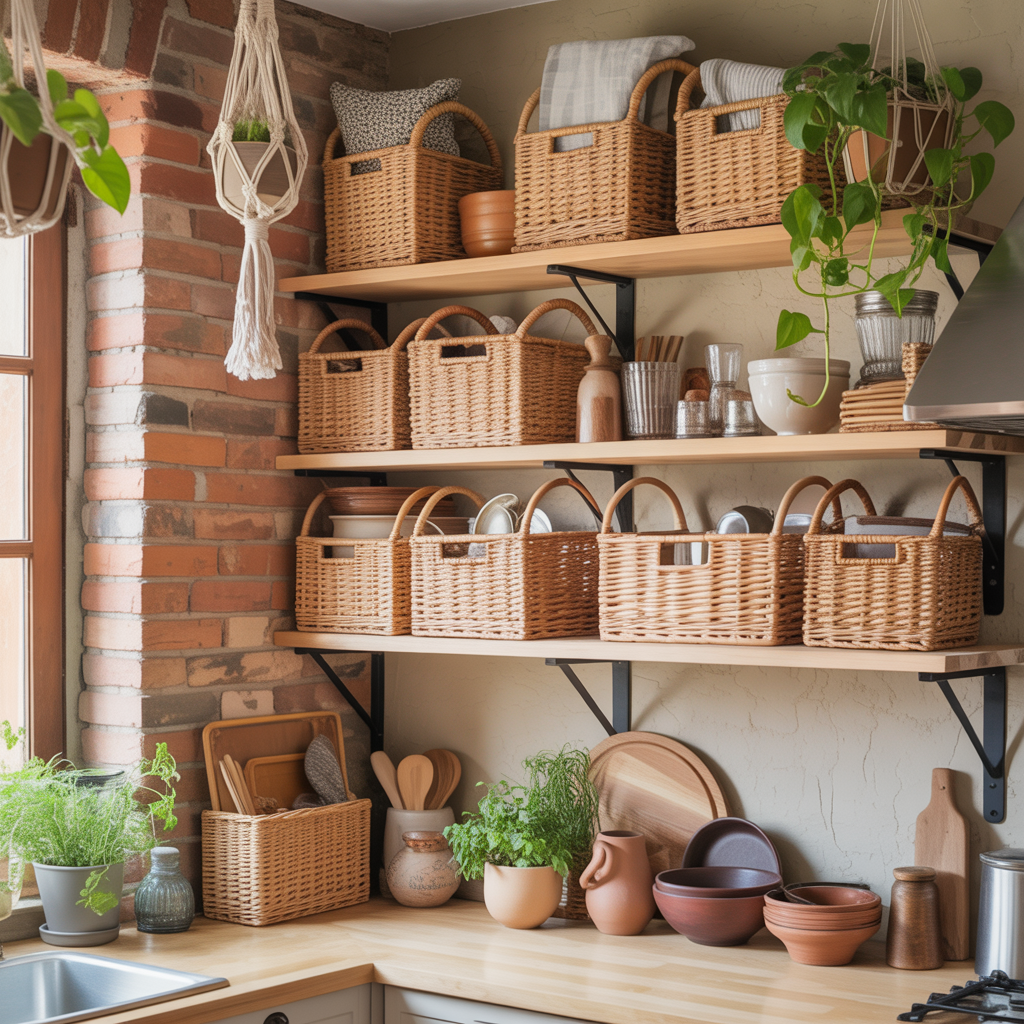 10 Best Boho Kitchen Makeover Ideas That Blend Function and Style 3 Reclaimed wood shelves adorned with woven seagrass baskets, ceramic jars, and dried herbs in a boho kitchen.