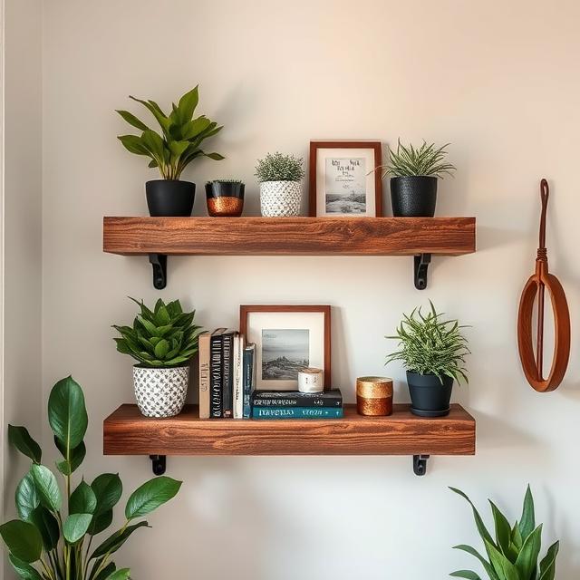 Reclaimed wooden shelves with decorative items
