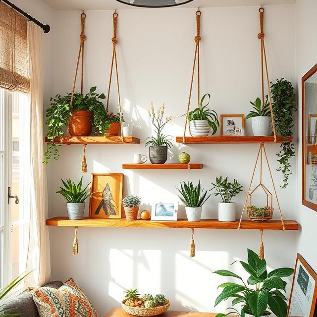 Rope-hanging shelves with potted plants and decorative items