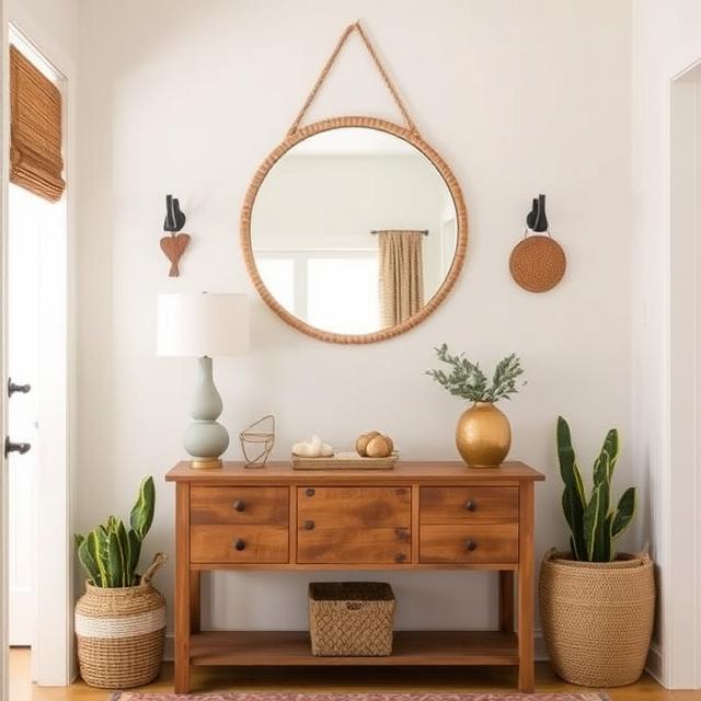 10 Boho Entryway Ideas 2025: Create a Warm Welcome on a Budget 4 Round rattan mirror hanging over a wooden console in a cozy Boho entryway.