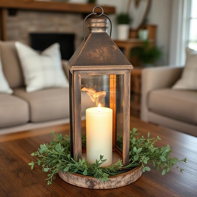 Rustic farmhouse lantern centerpiece on a wooden table