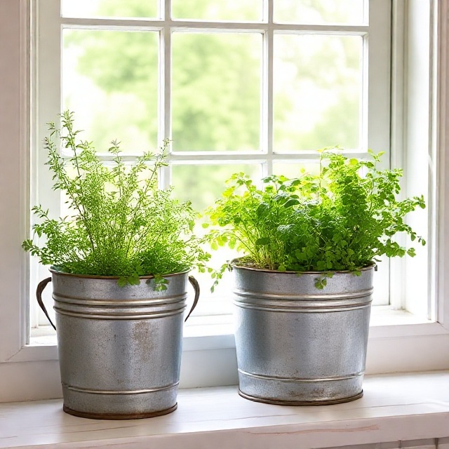 Rustic galvanized buckets used as farmhouse décor planters