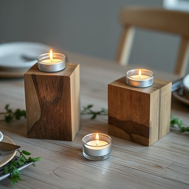 Rustic wooden block DIY candle holder with tea lights