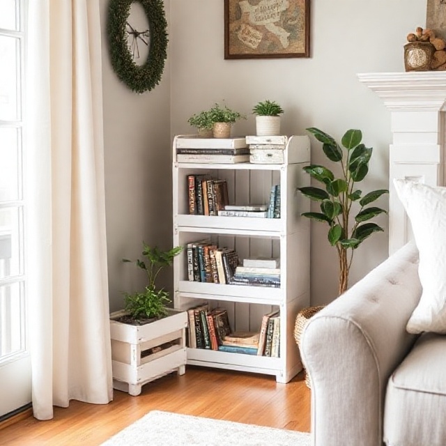 Rustic wooden crates from Dollar Tree used as living room shelves