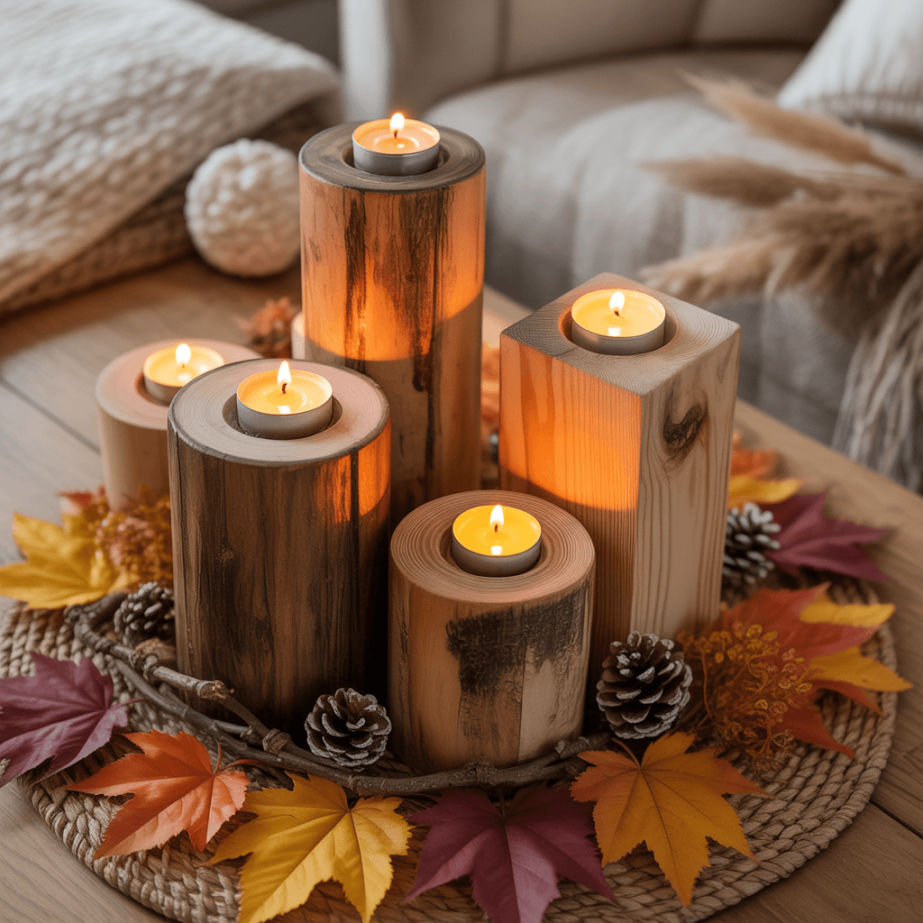 Rustic wooden log candle holders surrounded by fall leaves.