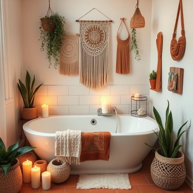 10 Boho Bathroom Ideas: Turn Your Bath Into a Relaxing Oasis 7 Rustic wooden vanity and woven mirror in Boho-style bathroom.