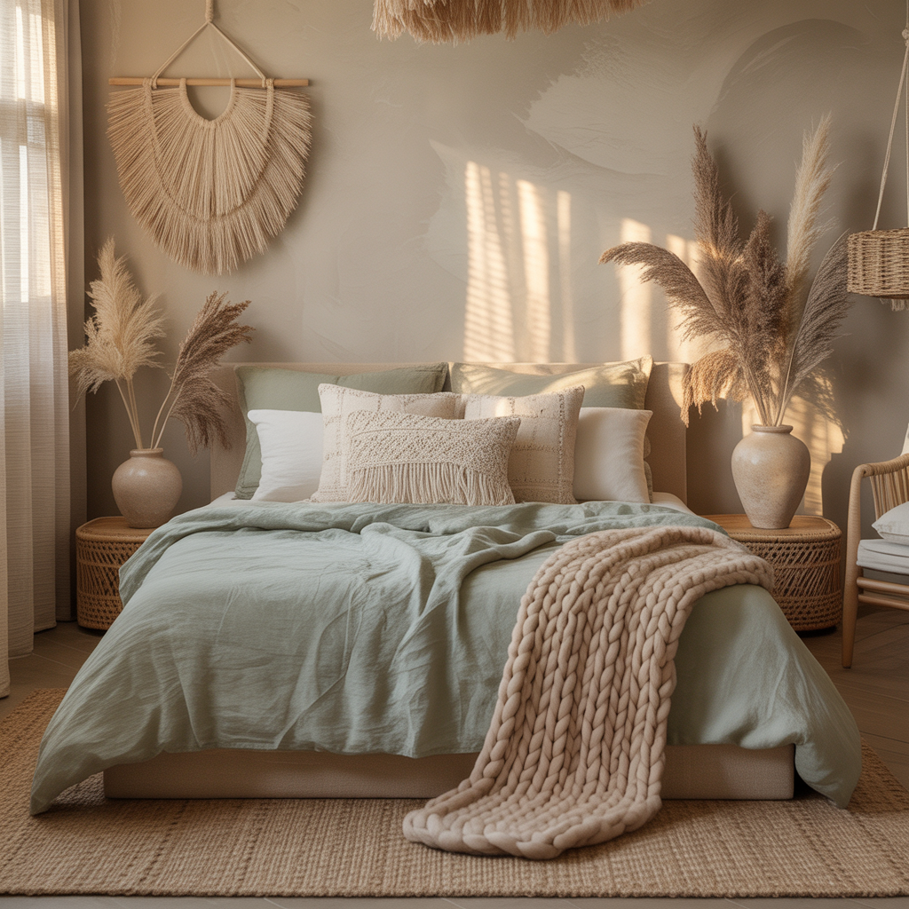10 Boho Color Palettes to Refresh Your Space in 2025 4 Sage green and beige boho bedroom color palette.
