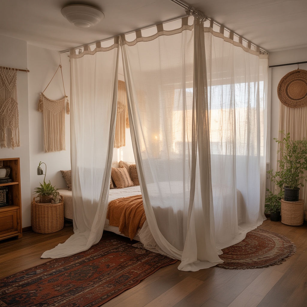 10 Best Boho Studio Apartment Ideas to Maximize Small Spaces 2 Sheer curtains dividing a Boho Studio Apartment Ideas setup in a small space.