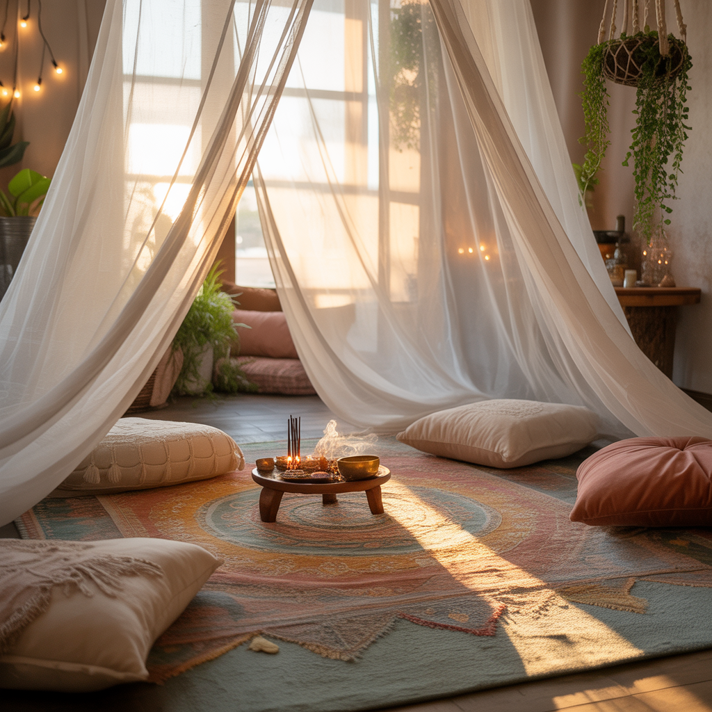 Boho Meditation Corner: 10 Brilliant Ideas 9 Sheer curtains in a dreamy Boho Meditation Corner at home.