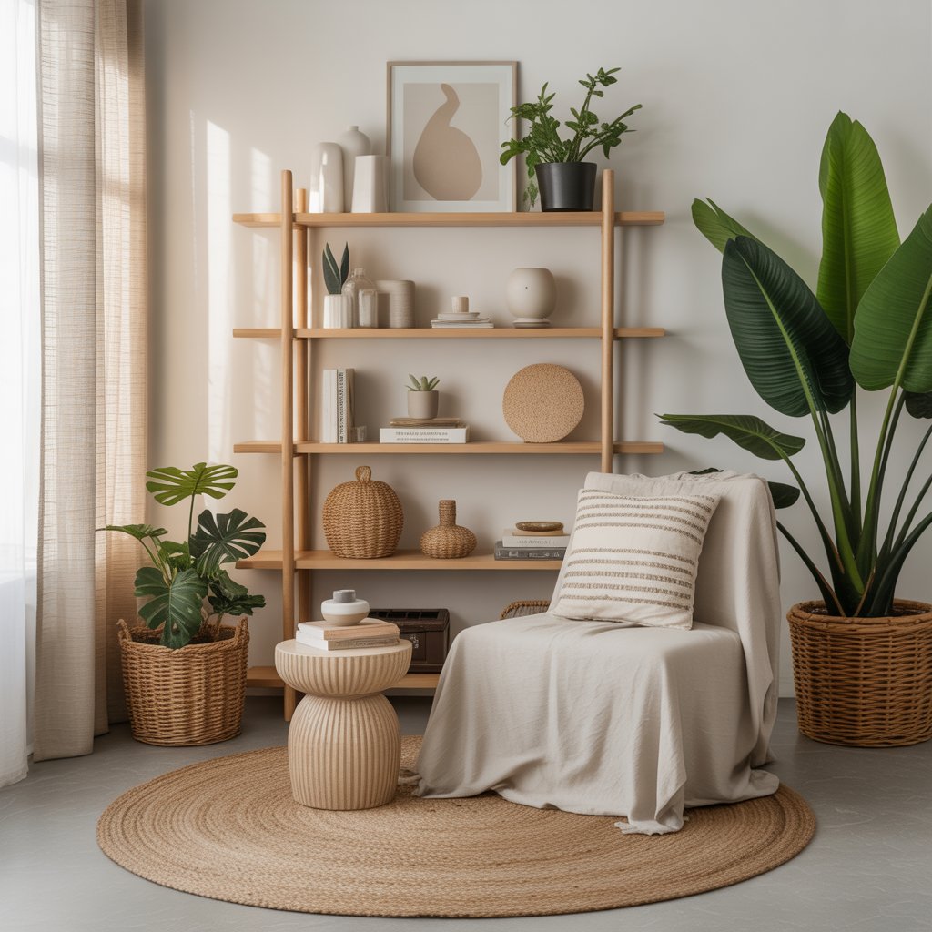 How to Mix Boho and Minimalist Styles for a Balanced Look 7 Simple boho minimalist shelf with ceramics, plants, and neutral décor