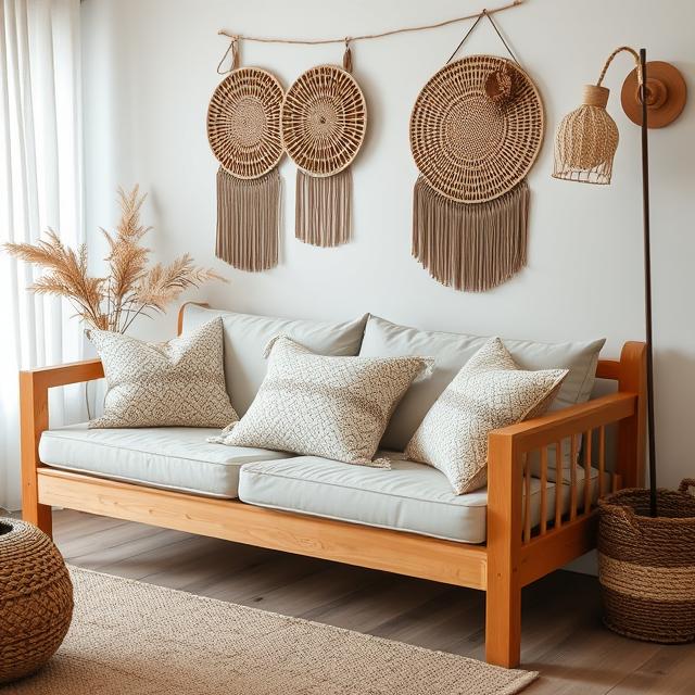 How to Mix Boho and Minimalist Styles for a Balanced Look 5 Simple wooden sofa with neutral cushions and modern boho accents.